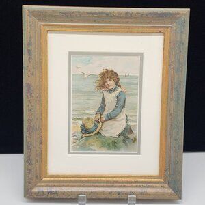 Vintage Wooden Aaron Brothers Frame With Girl With Hat & Seagulls 7x9"